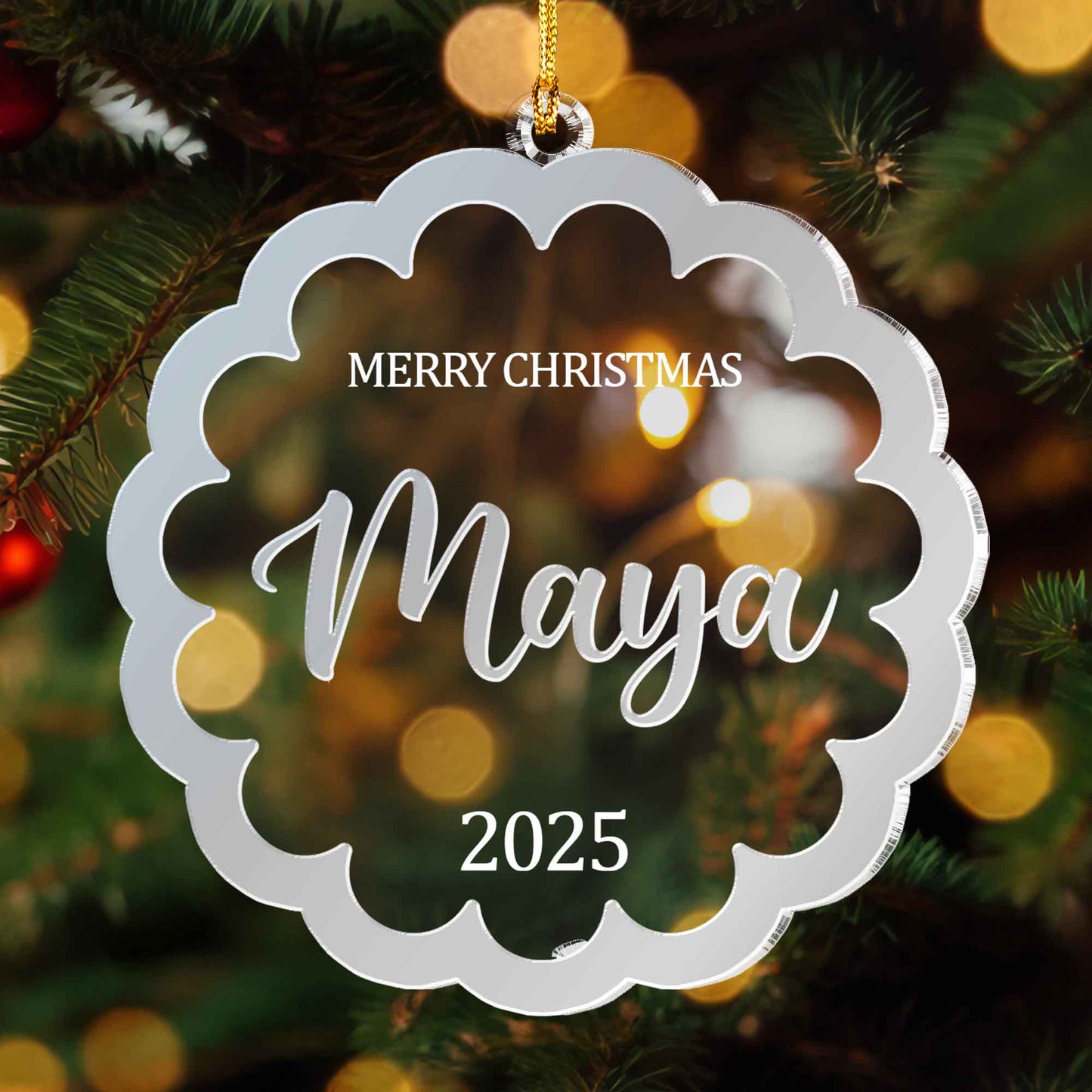 Personalized Floral Mirrored Acrylic Ornament – Custom Christmas Gift