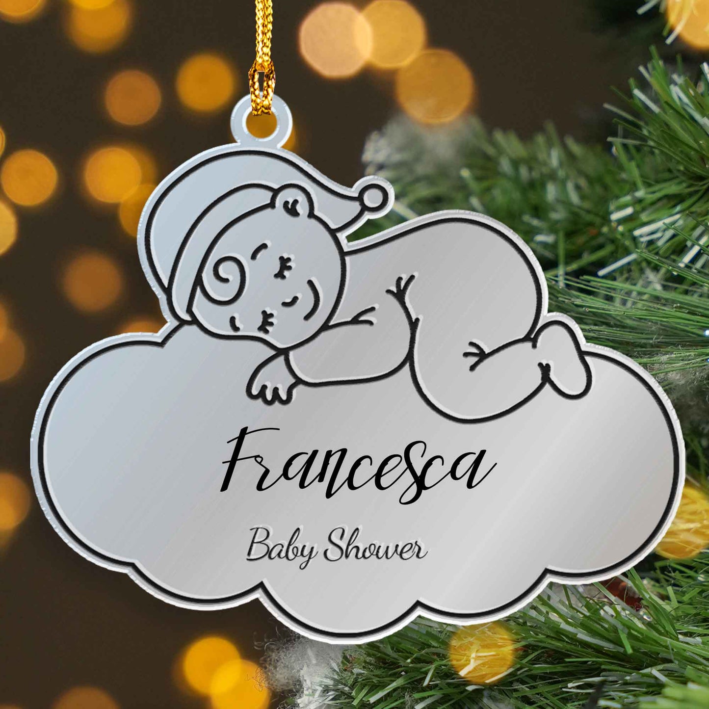 Personalized Mirrored Acrylic Cloud Ornament - Christmas Baby Shower Gift