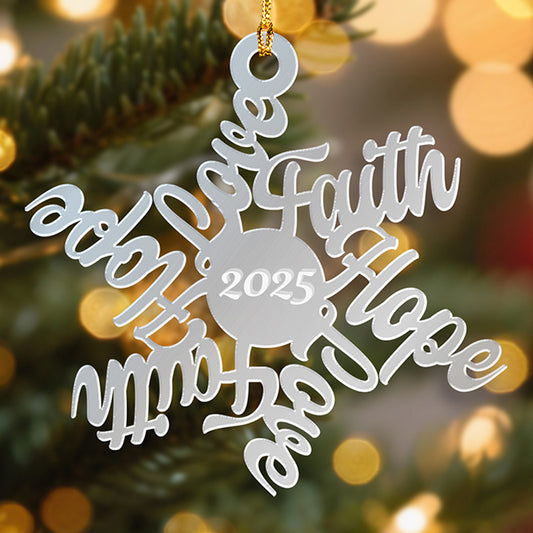 Personalized Snowflake "Love, Hope, Faith" Mirrored Acrylic Christmas Ornament