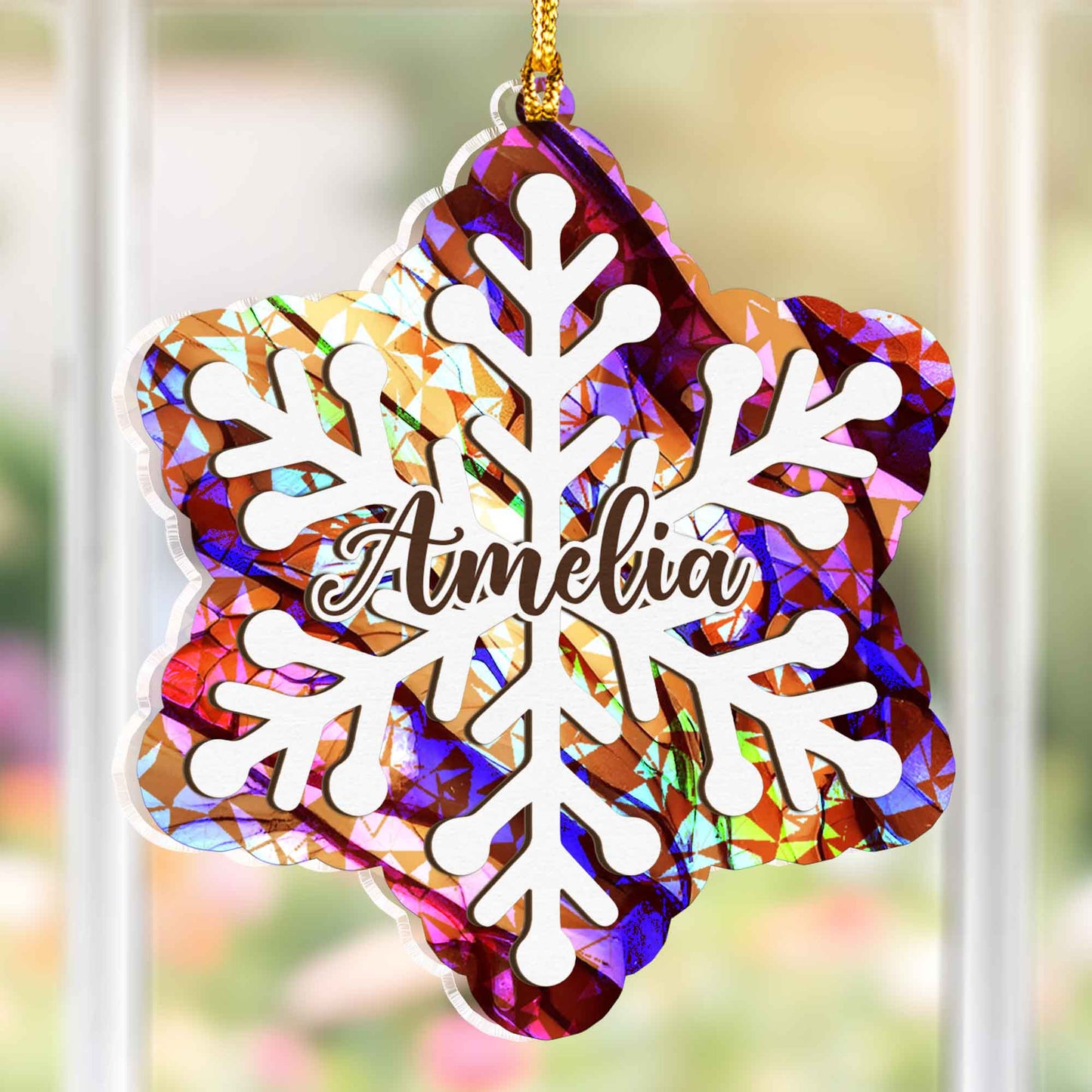 Personalized Snowflake Ornament - Layered Wood & Hologram Acrylic Christmas Tree Decor