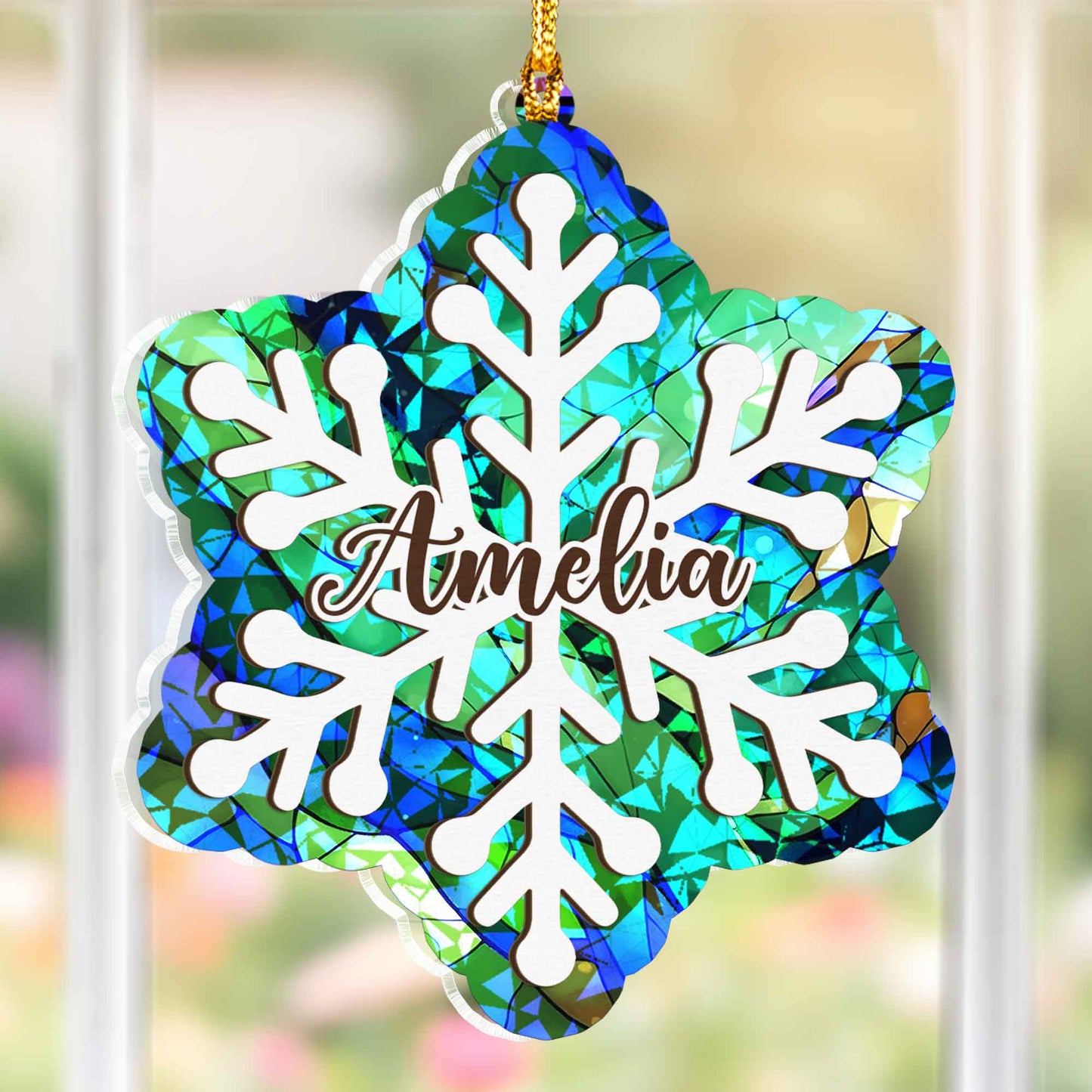 Personalized Snowflake Ornament - Layered Wood & Hologram Acrylic Christmas Tree Decor