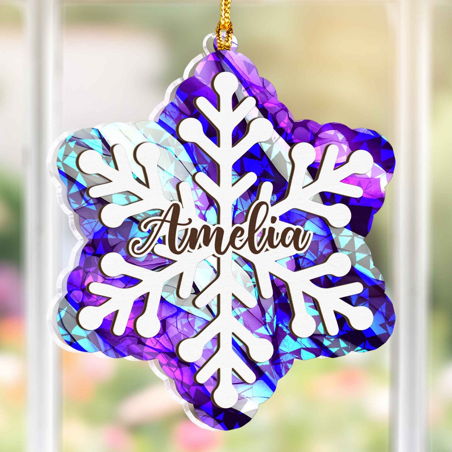Personalized Snowflake Ornament - Layered Wood & Hologram Acrylic Christmas Tree Decor