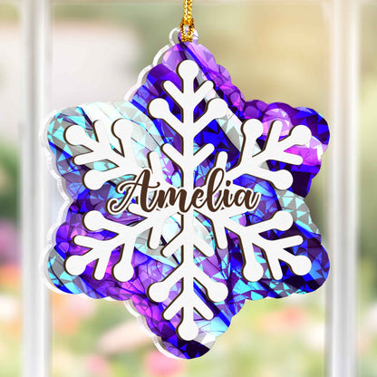 Personalized Snowflake Ornament - Layered Wood & Hologram Acrylic Christmas Tree Decor
