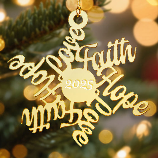 Personalized Snowflake "Love, Hope, Faith" Mirrored Acrylic Christmas Ornament
