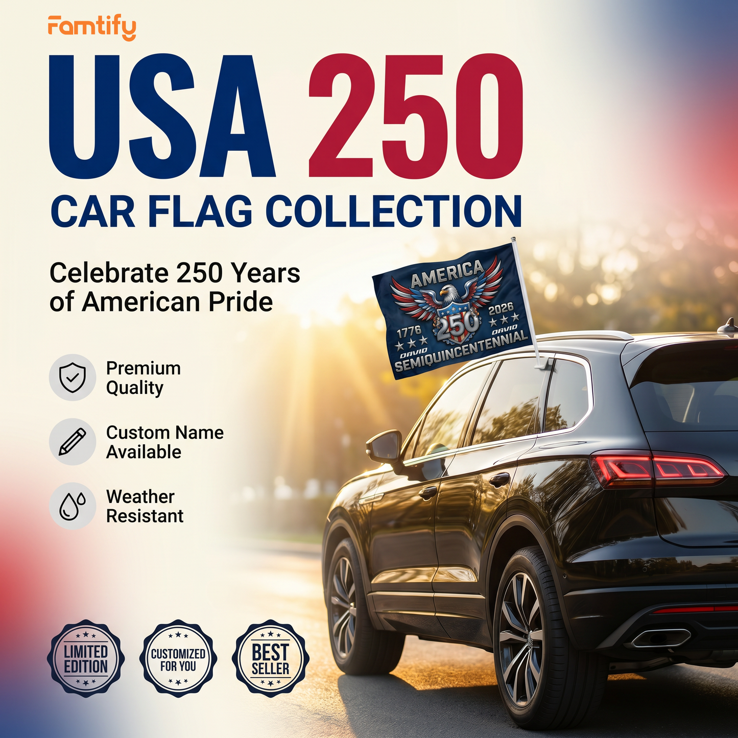 America 250 Semiquincentennial Car Flag – Personalized Patriotic USA Eagle Flag 1776–2026