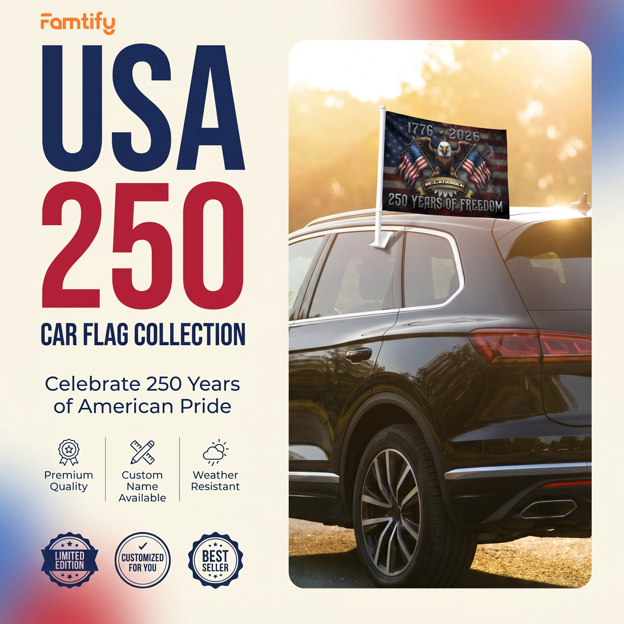 250 Years of Freedom Car Flag – Personalized USA Eagle Flag 1776–2026