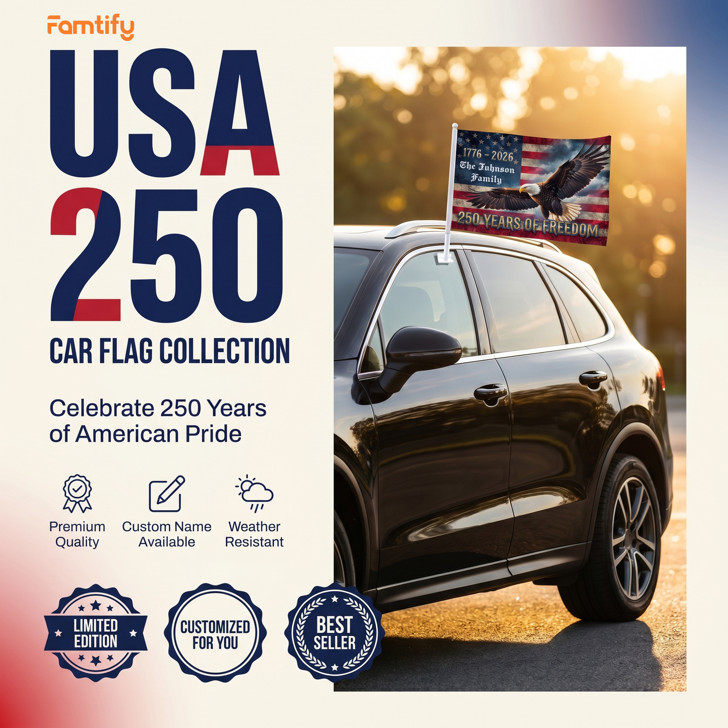 250 Years of Freedom Eagle Car Flag – Personalized USA Patriotic Flag 1776–2026