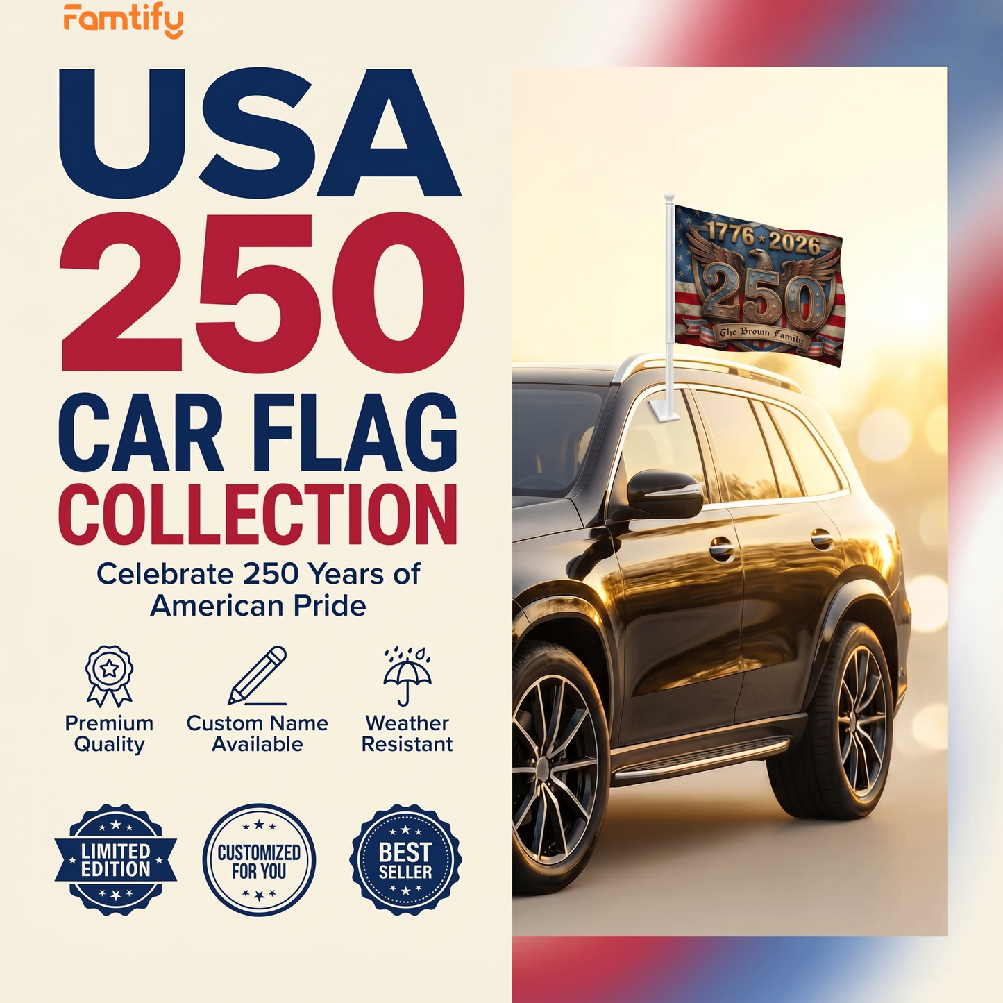 America 250 Semiquincentennial Car Flag – Personalized USA Patriotic Flag 1776–2026