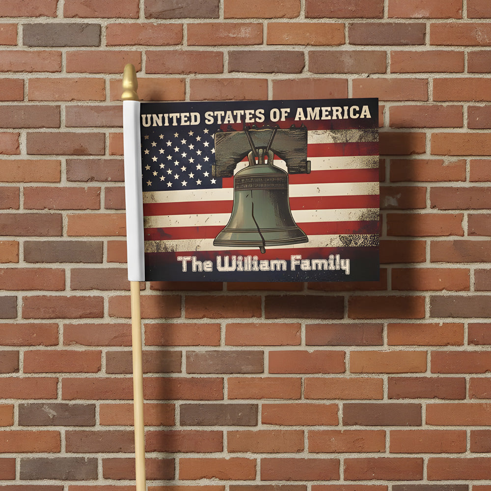 Personalized Liberty Bell Handheld Flag – Patriotic Flag with Custom Family Name