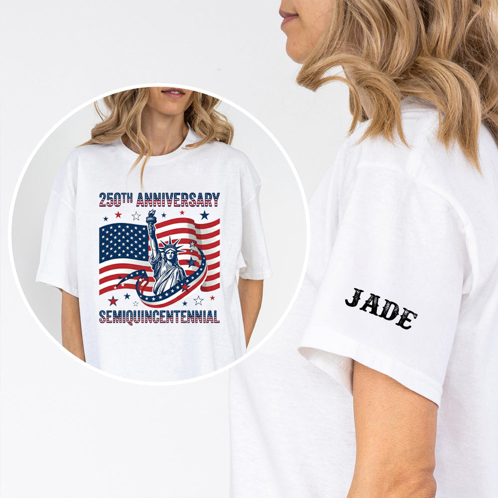 USA 250 Years of Freedom Sleeve Tee Shirt  Semiquincentennial Patriotic Tee