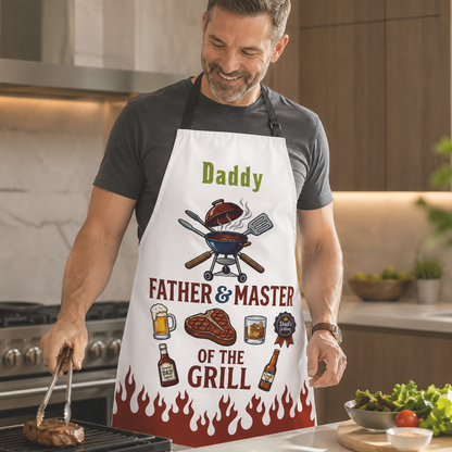 Father and Master of the Grill Apron – Funny BBQ Cooking Gift for Dad