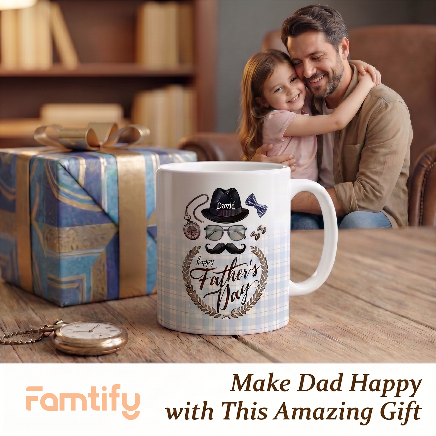 Personalized Happy Father’s Day Mug – Custom Name Ceramic Coffee Cup, Vintage Style Gift for Dad