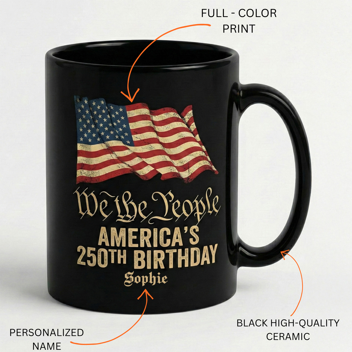 We The People America’s 250th Birthday Personalized Black Mug – USA 1776-2026 Patriotic Flag Mug
