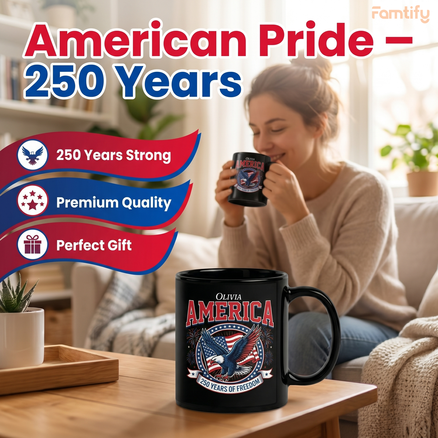 America 250 Years of Freedom Personalized Black Mug – USA 1776–2026 Patriotic Eagle Anniversary Mug