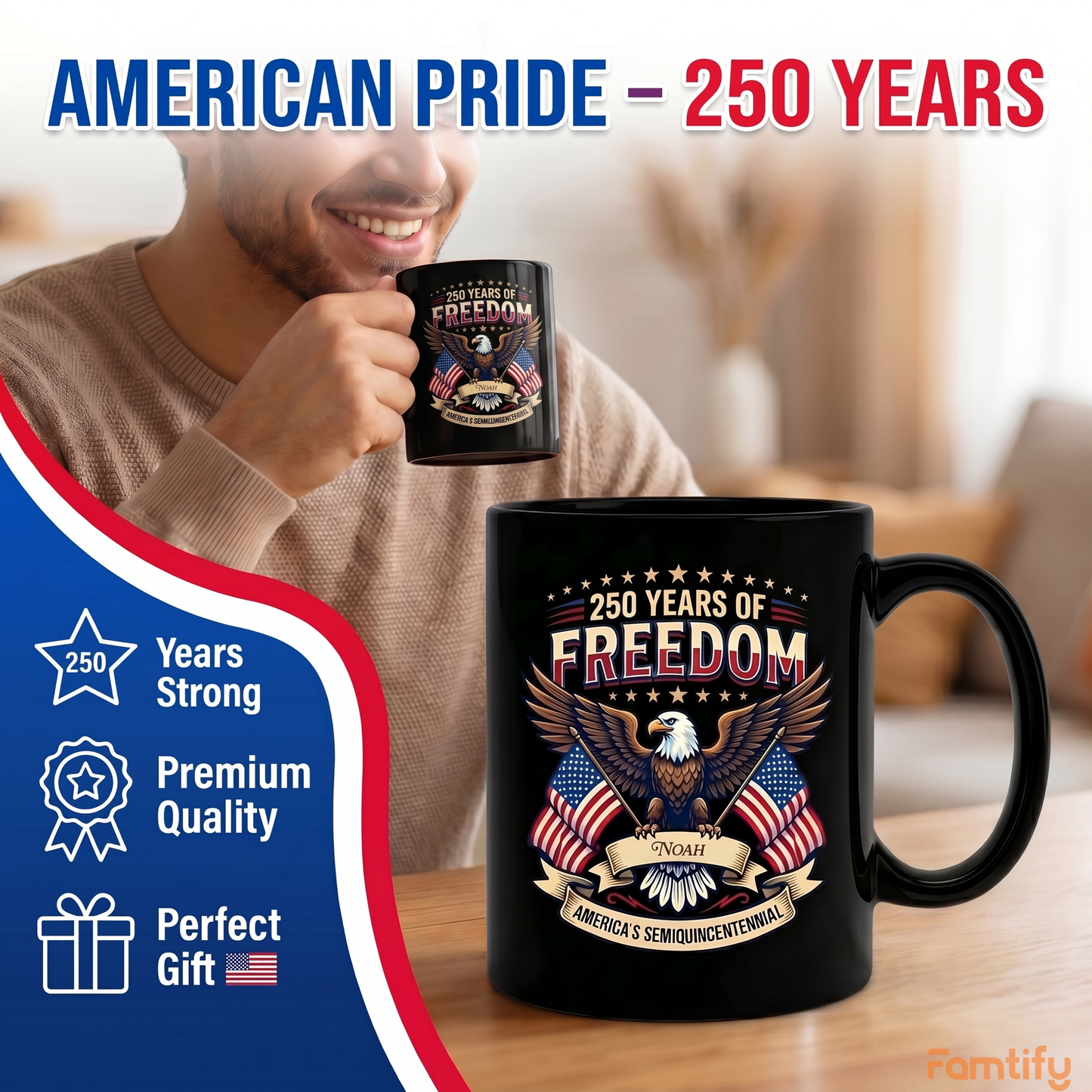 America Eagle 250 Years of Freedom Personalized Black Mug – USA 1776–2026 Semiquincentennial Patriotic Mug
