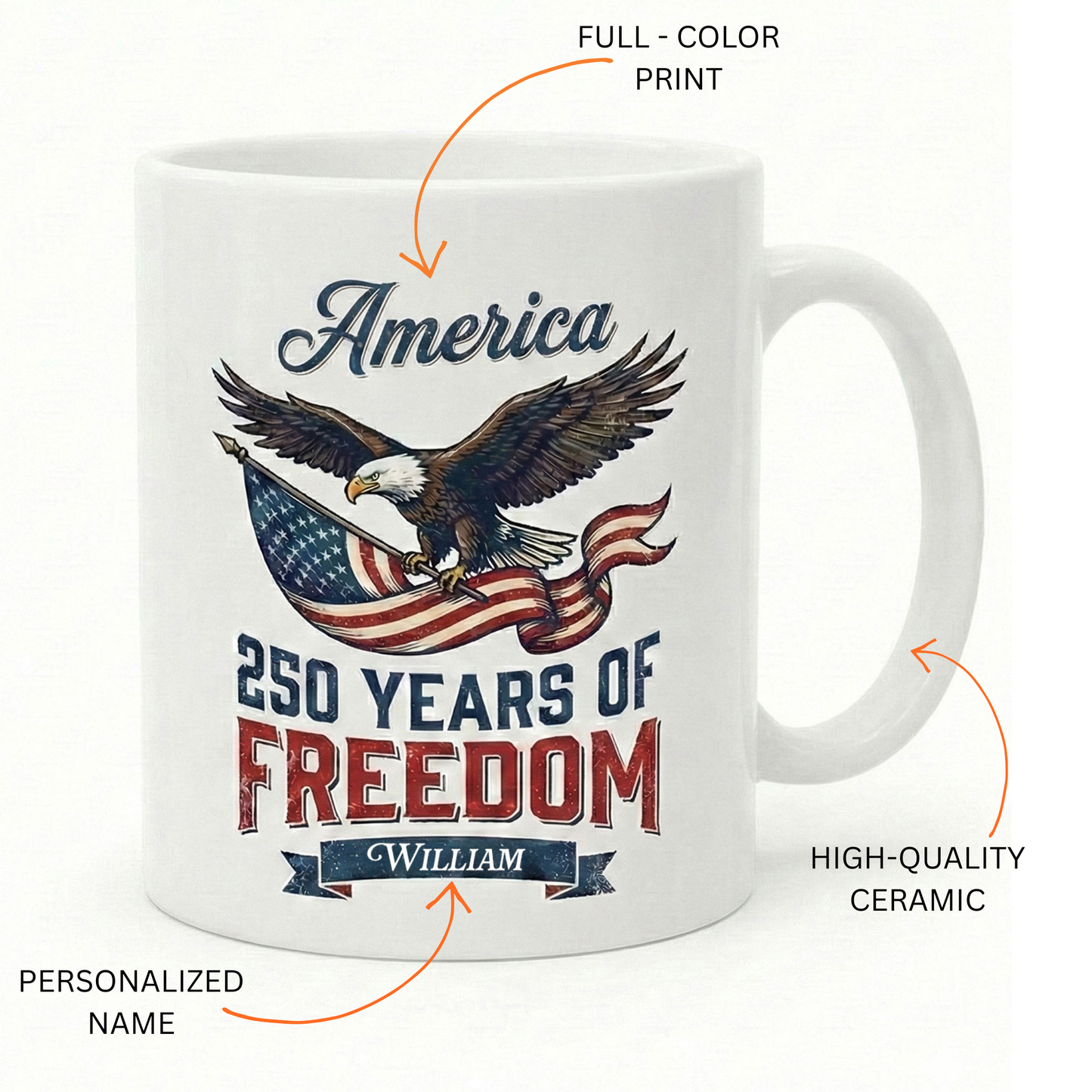 America Semiquincentennial 250 Years of Freedom Personalized White Mug – USA 1776–2026 Patriotic Eagle Anniversary Mug