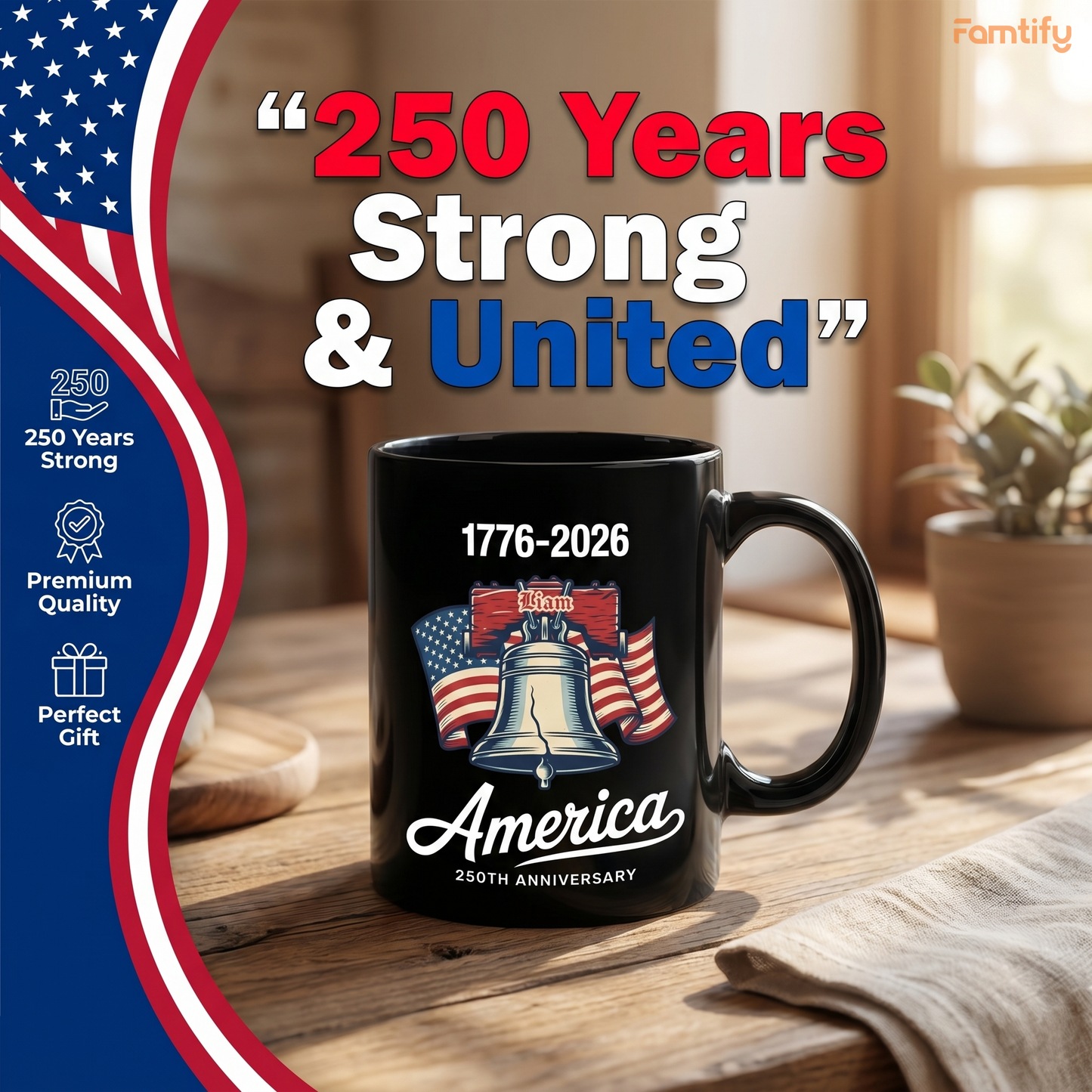 Celebrate 250 Years of America 1776–2026 Personalized Black Mug – USA 250th Anniversary Liberty Bell Patriotic Mug