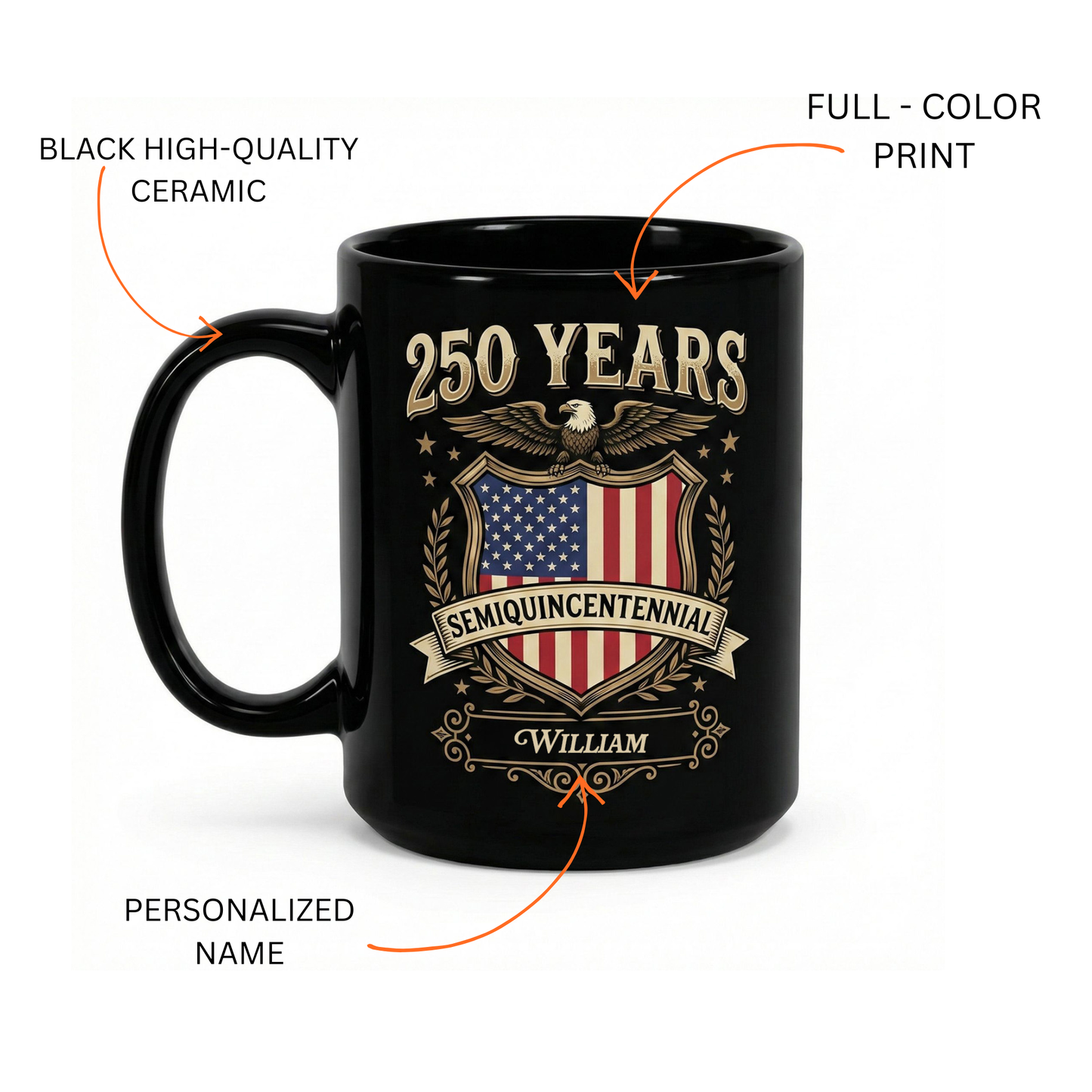 Celebrate 250th Anniversary United States Semiquincentennial Personalized Black Mug – America 250 Years Patriotic Eagle Shield Mug