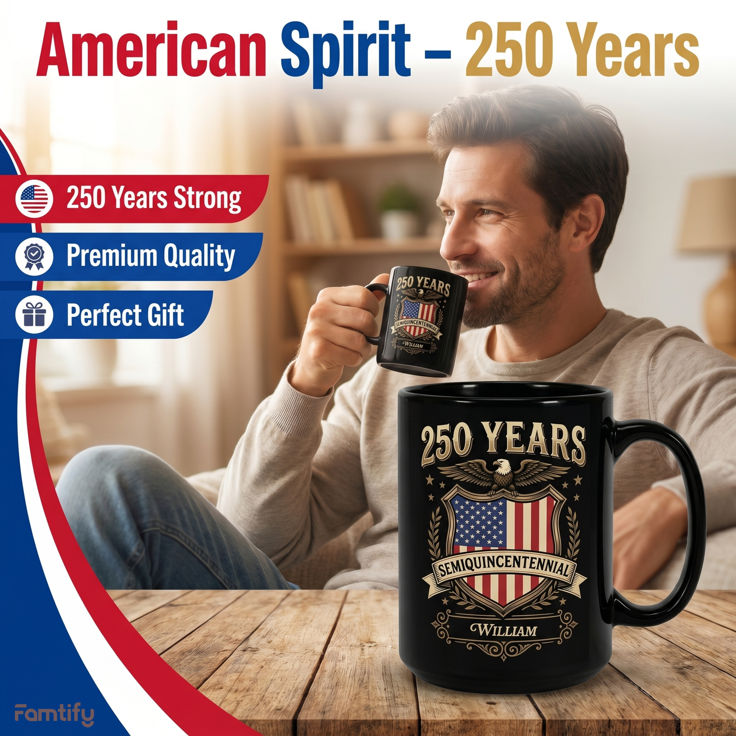 Celebrate 250th Anniversary United States Semiquincentennial Personalized Black Mug – America 250 Years Patriotic Eagle Shield Mug