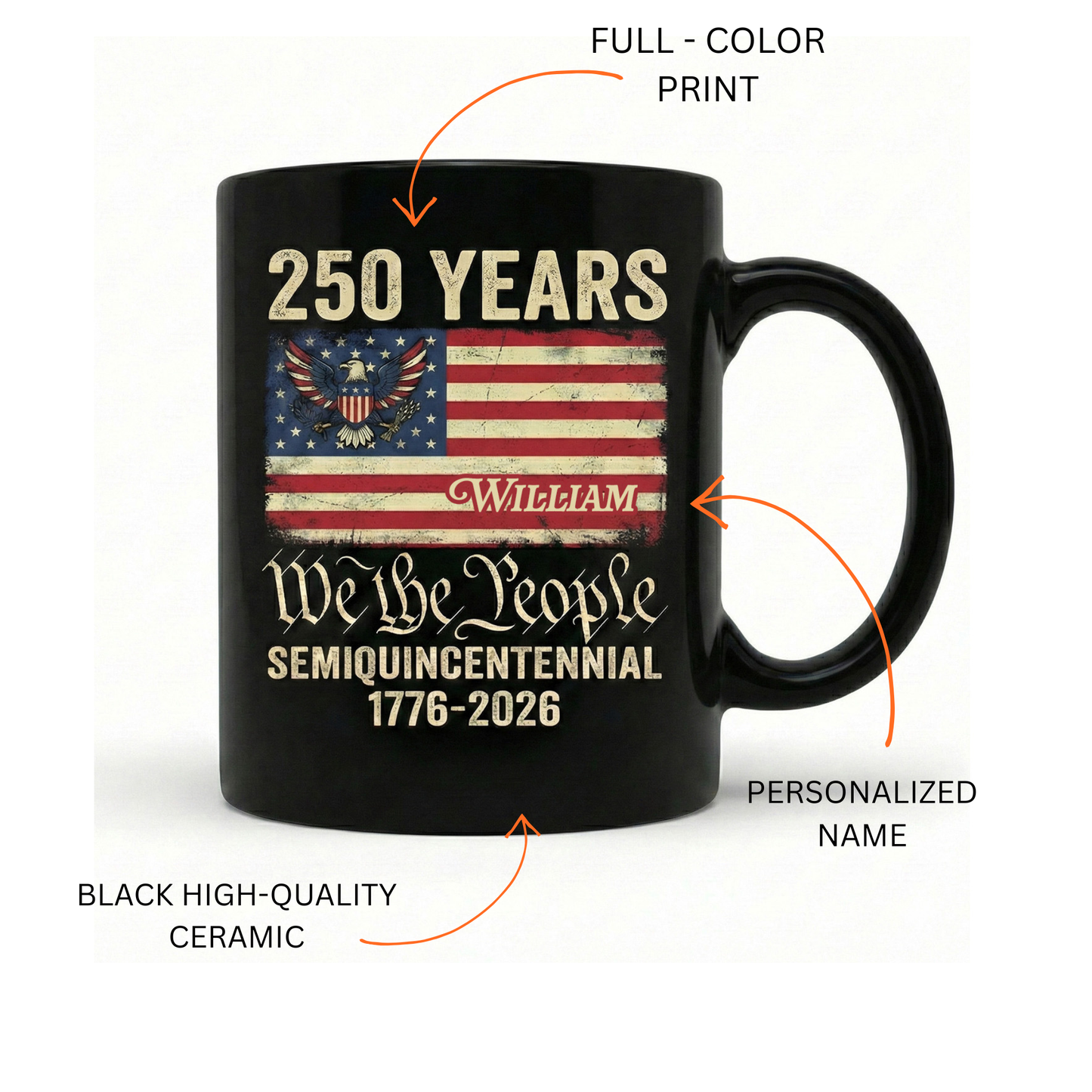 America 250th Anniversary We The People Personalized Black Mug – United States Semiquincentennial 1776–2026 Patriotic Mug