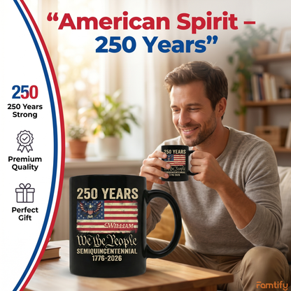 America 250th Anniversary We The People Personalized Black Mug – United States Semiquincentennial 1776–2026 Patriotic Mug