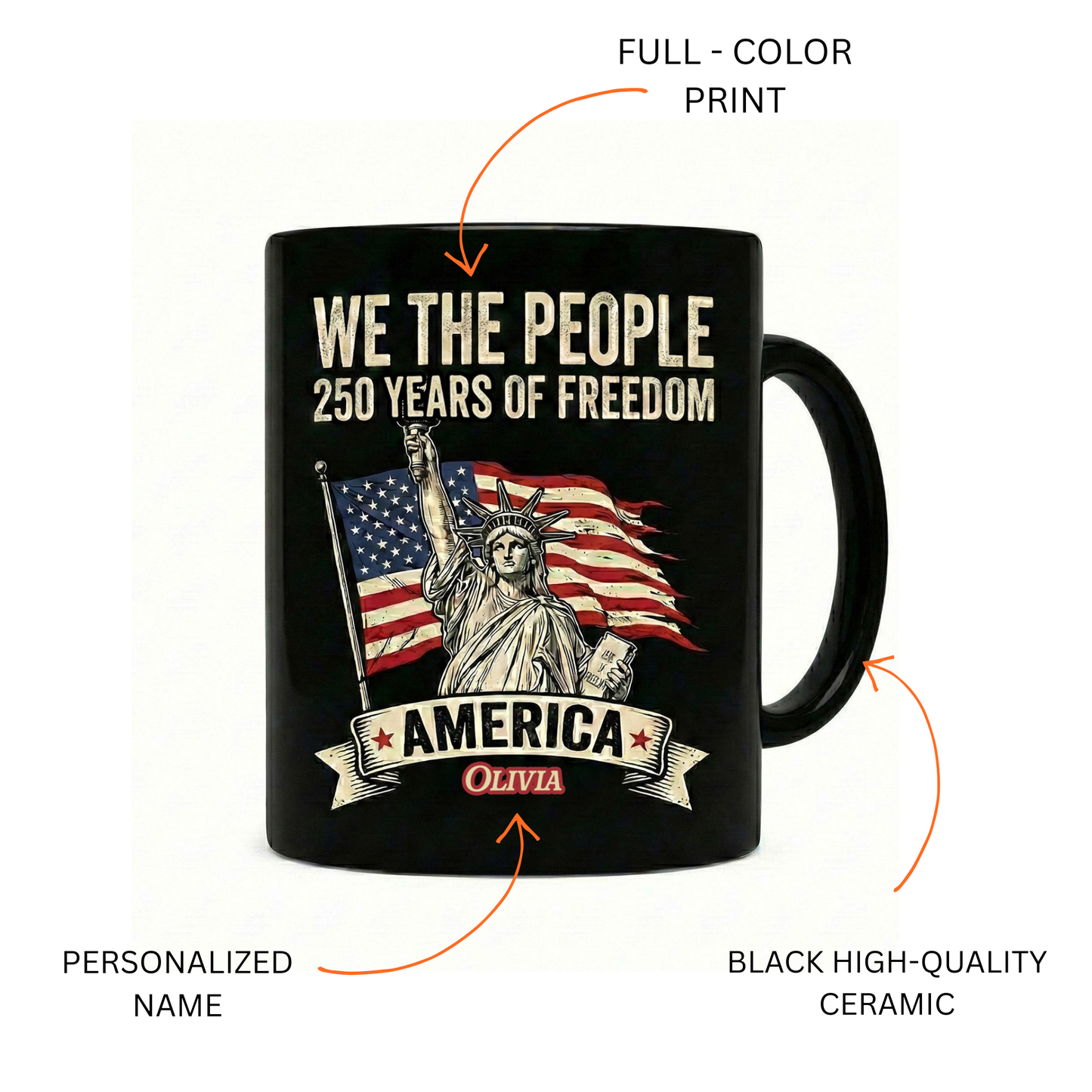 We The People America 250 Years of Freedom Personalized Black Mug – USA 1776–2026 Semiquincentennial Patriotic Mug