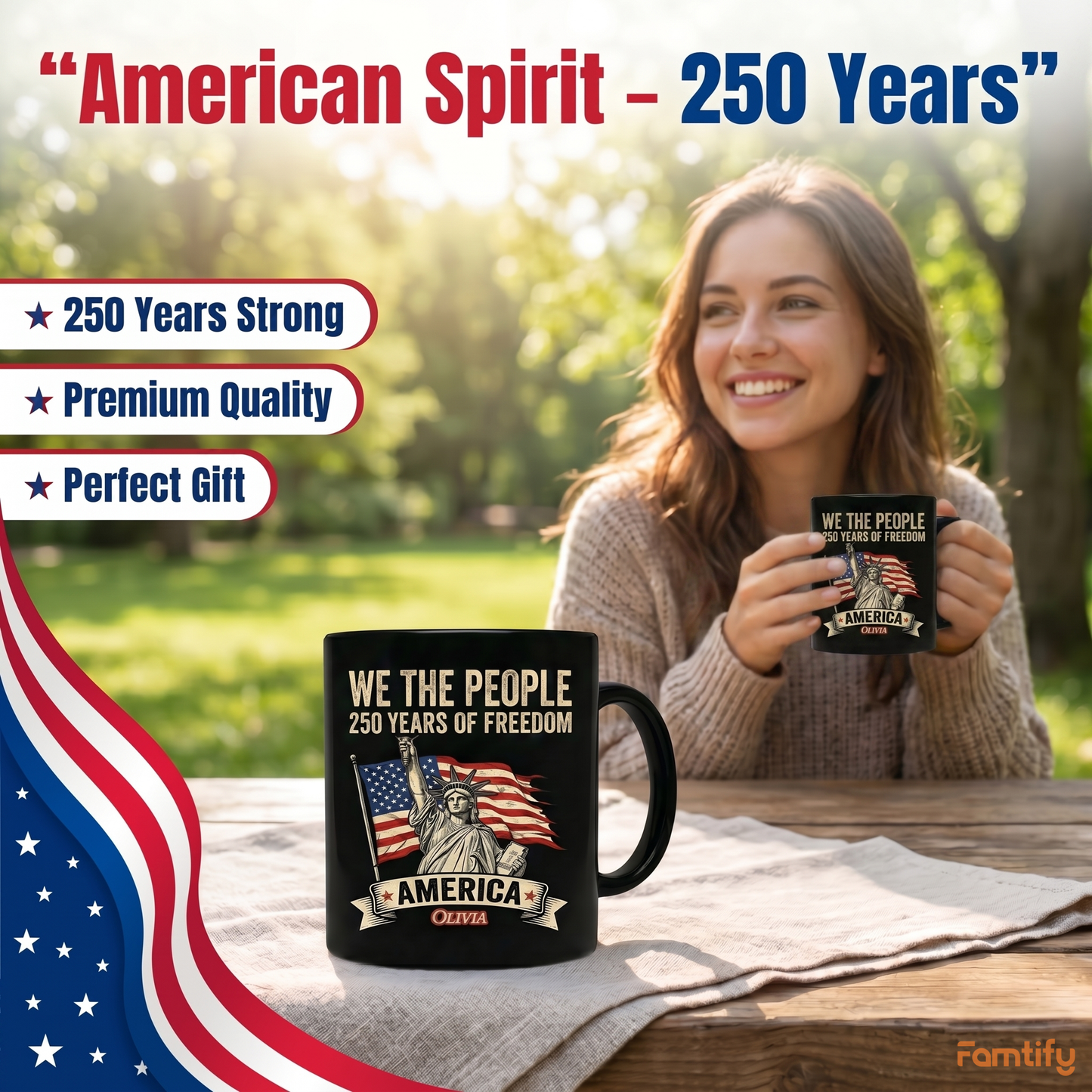 We The People America 250 Years of Freedom Personalized Black Mug – USA 1776–2026 Semiquincentennial Patriotic Mug