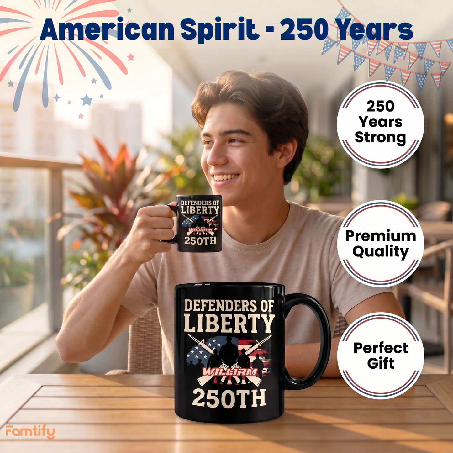 Defenders of Liberty 250th Anniversary USA Black Mug – Personalized Patriotic Veteran Tribute Mug