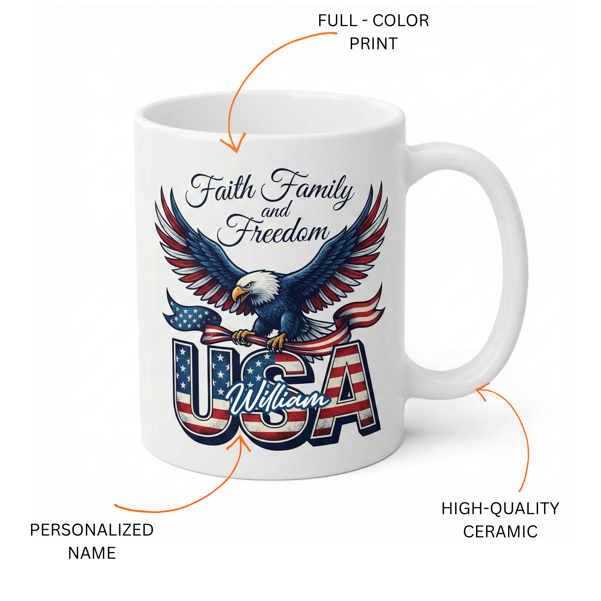 Faith Family and Freedom USA Personalized White Mug – America 250 Years Patriotic Eagle Mug