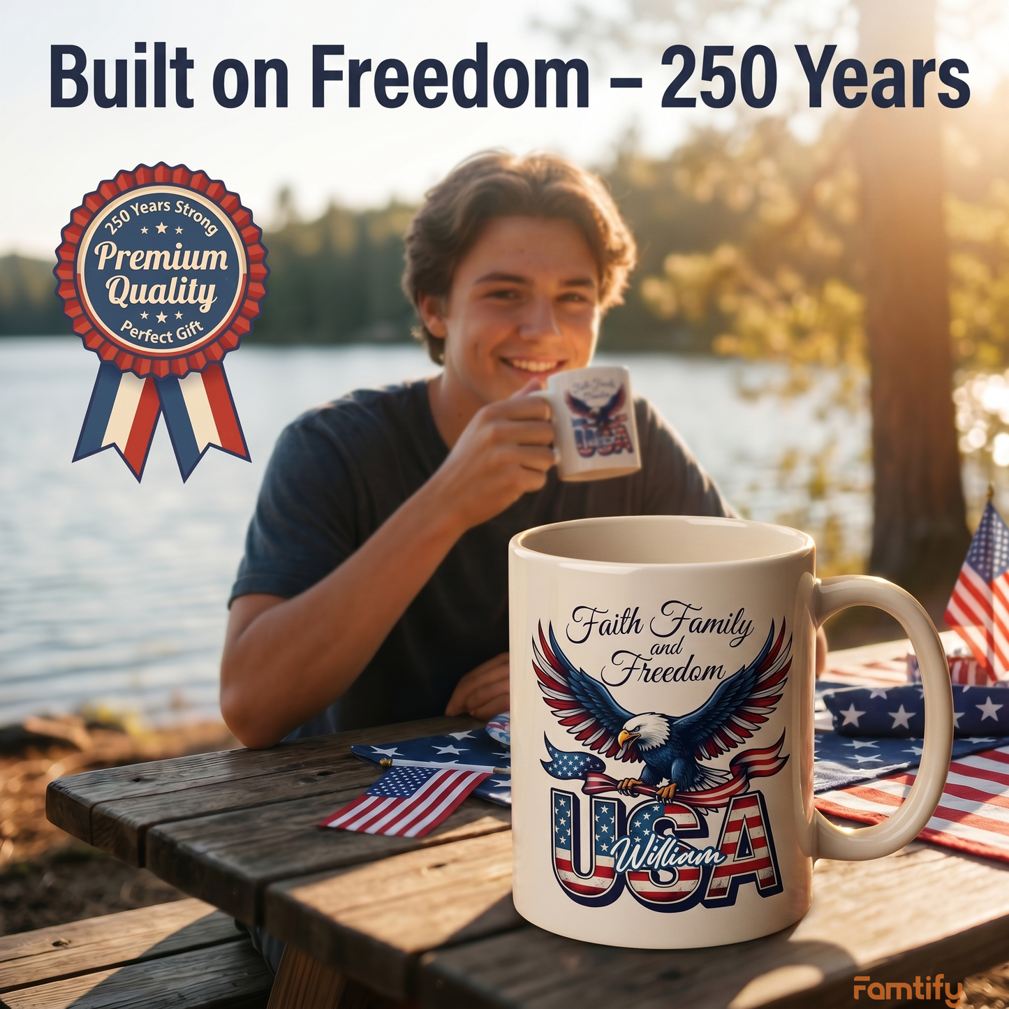 Faith Family and Freedom USA Personalized White Mug – America 250 Years Patriotic Eagle Mug