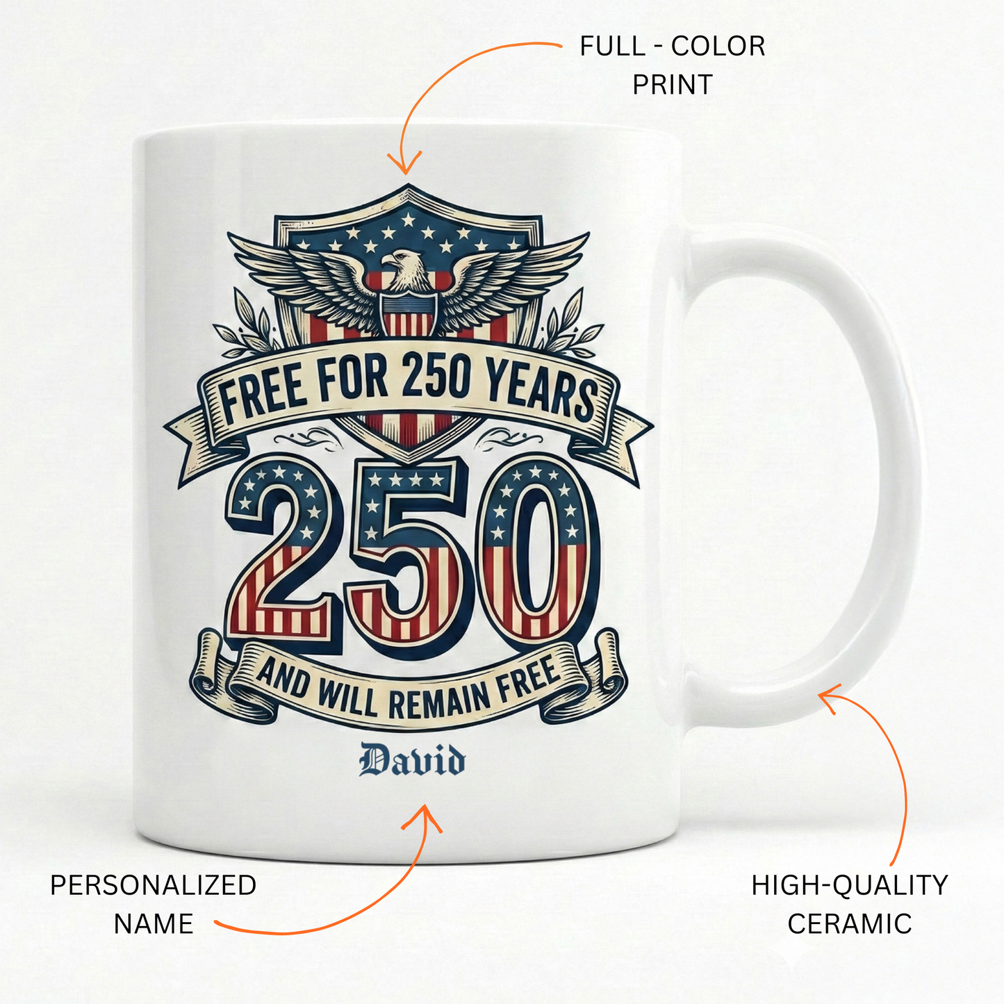 Free for 250 Years America Personalized White Mug – USA 1776–2026 Patriotic 250th Anniversary Mug