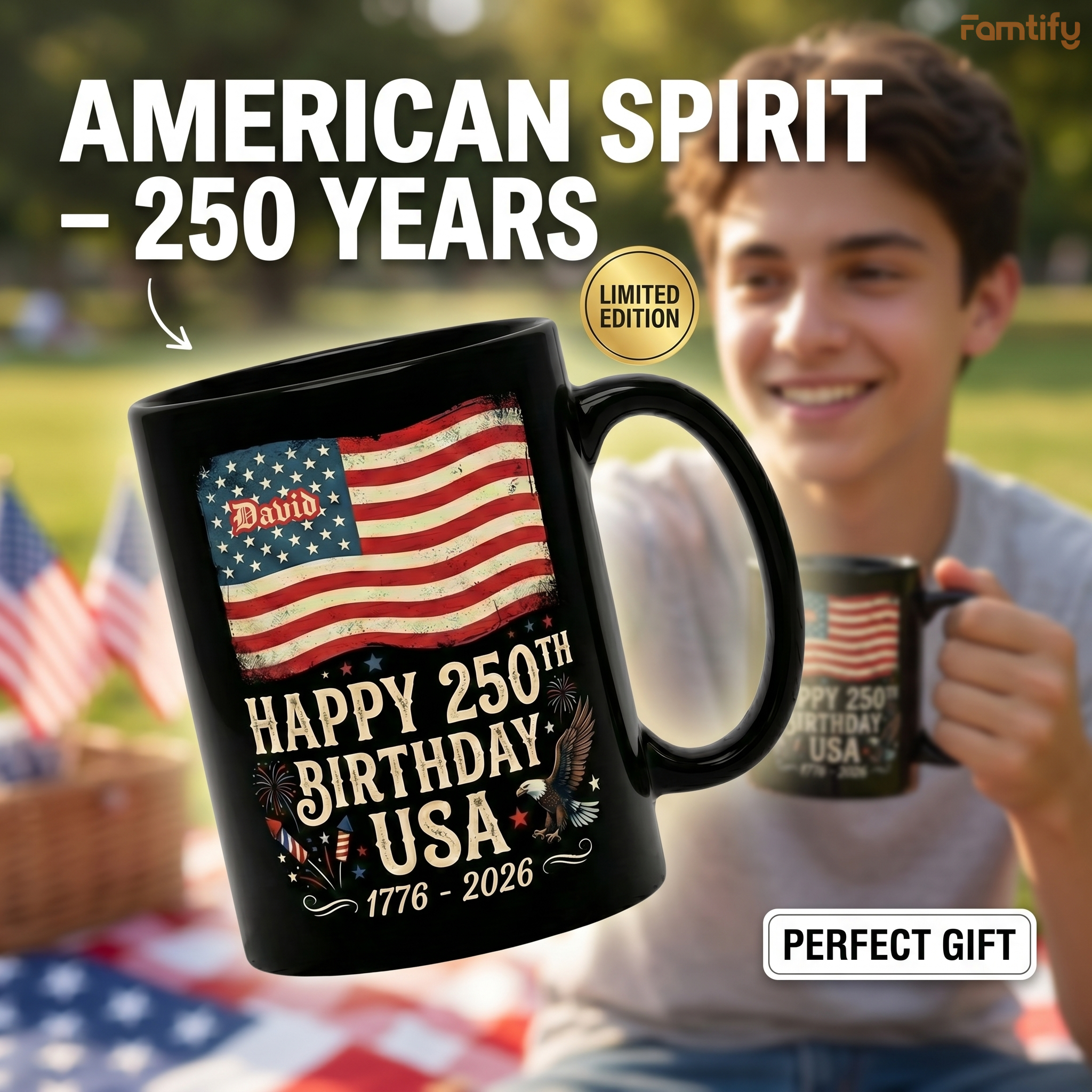 Happy 250th Birthday America Personalized Black Mug – USA 1776–2026 Patriotic Flag Anniversary Mug