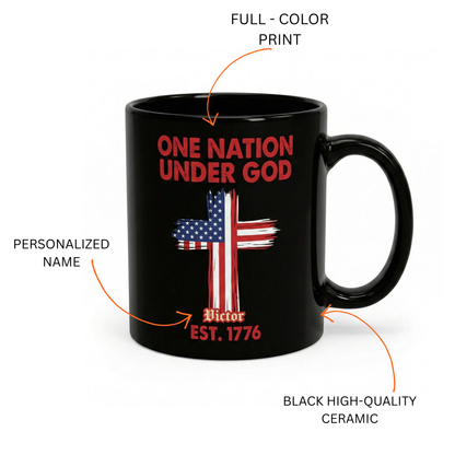 One Nation Under God Est 1776 Personalized Black Mug – Patriotic USA Christian Flag Cross Mug