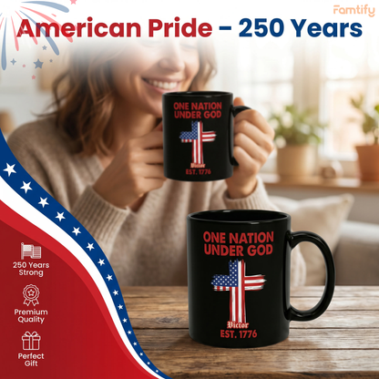 One Nation Under God Est 1776 Personalized Black Mug – Patriotic USA Christian Flag Cross Mug