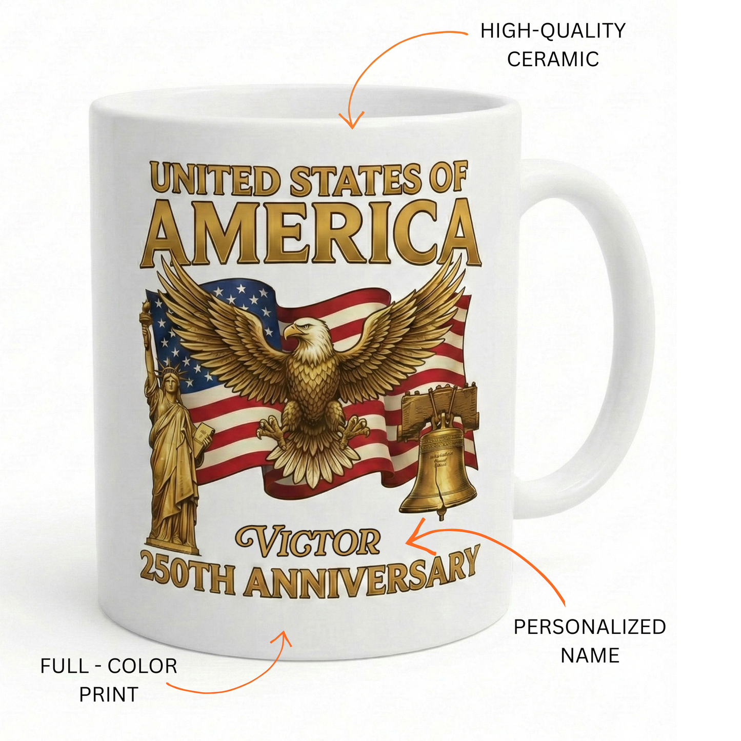 United States of America 250th Anniversary Personalized White Mug – Patriotic Eagle Liberty Bell Mug