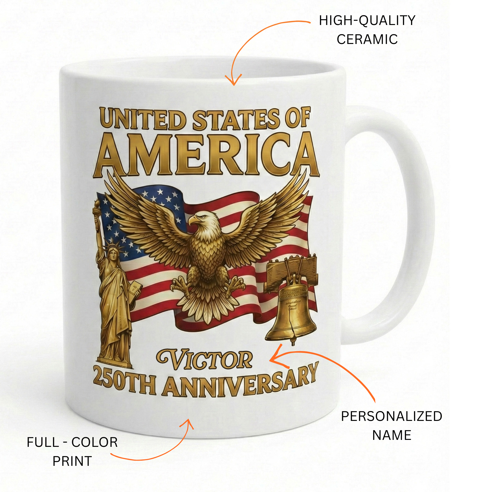 United States of America 250th Anniversary Personalized White Mug – Patriotic Eagle Liberty Bell Mug