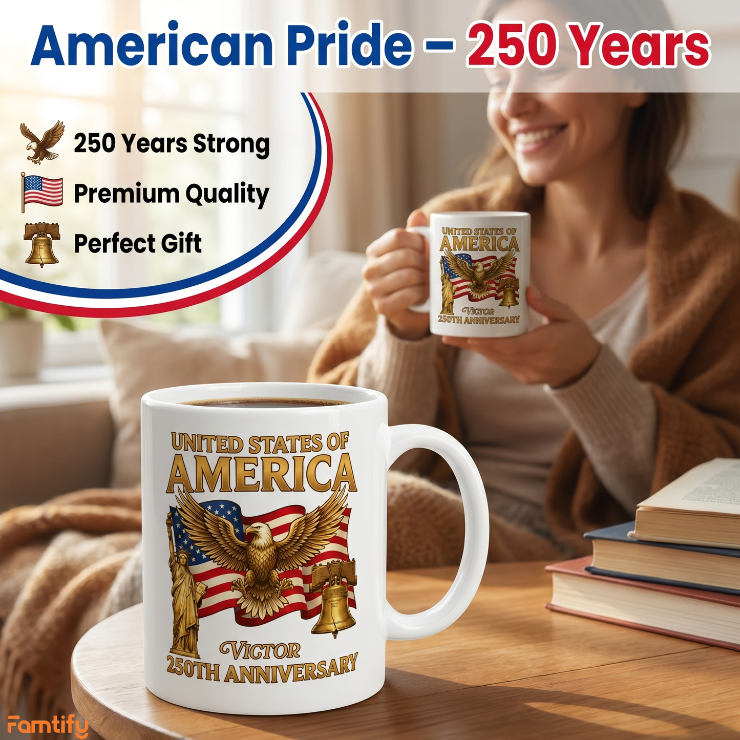 United States of America 250th Anniversary Personalized White Mug – Patriotic Eagle Liberty Bell Mug