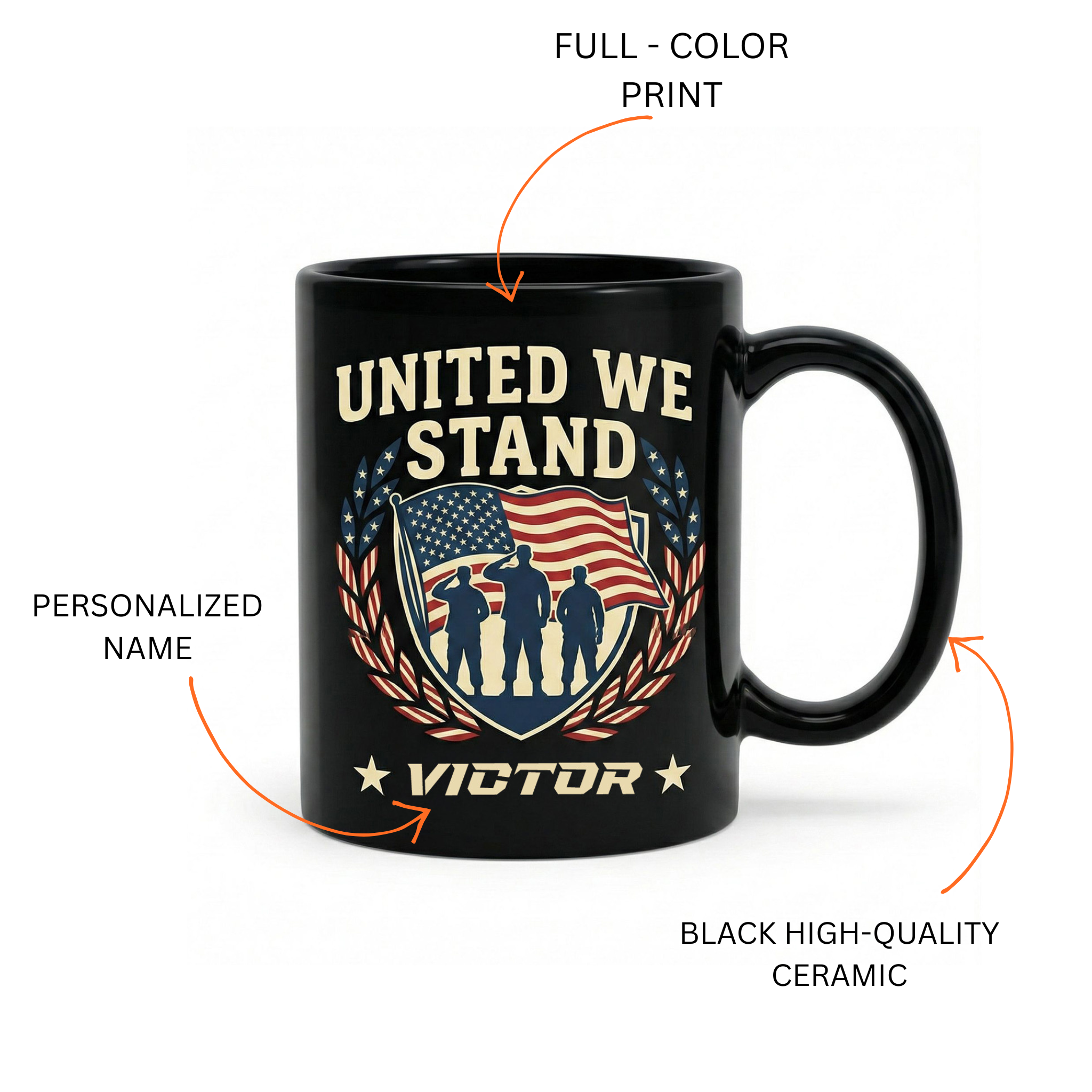 United We Stand Patriotic Veteran Black Mug – Personalized USA Military Tribute Mug