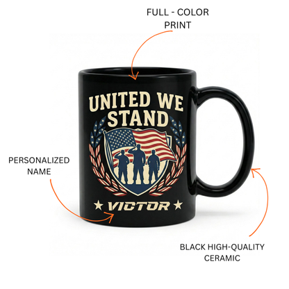 United We Stand Patriotic Veteran Black Mug – Personalized USA Military Tribute Mug