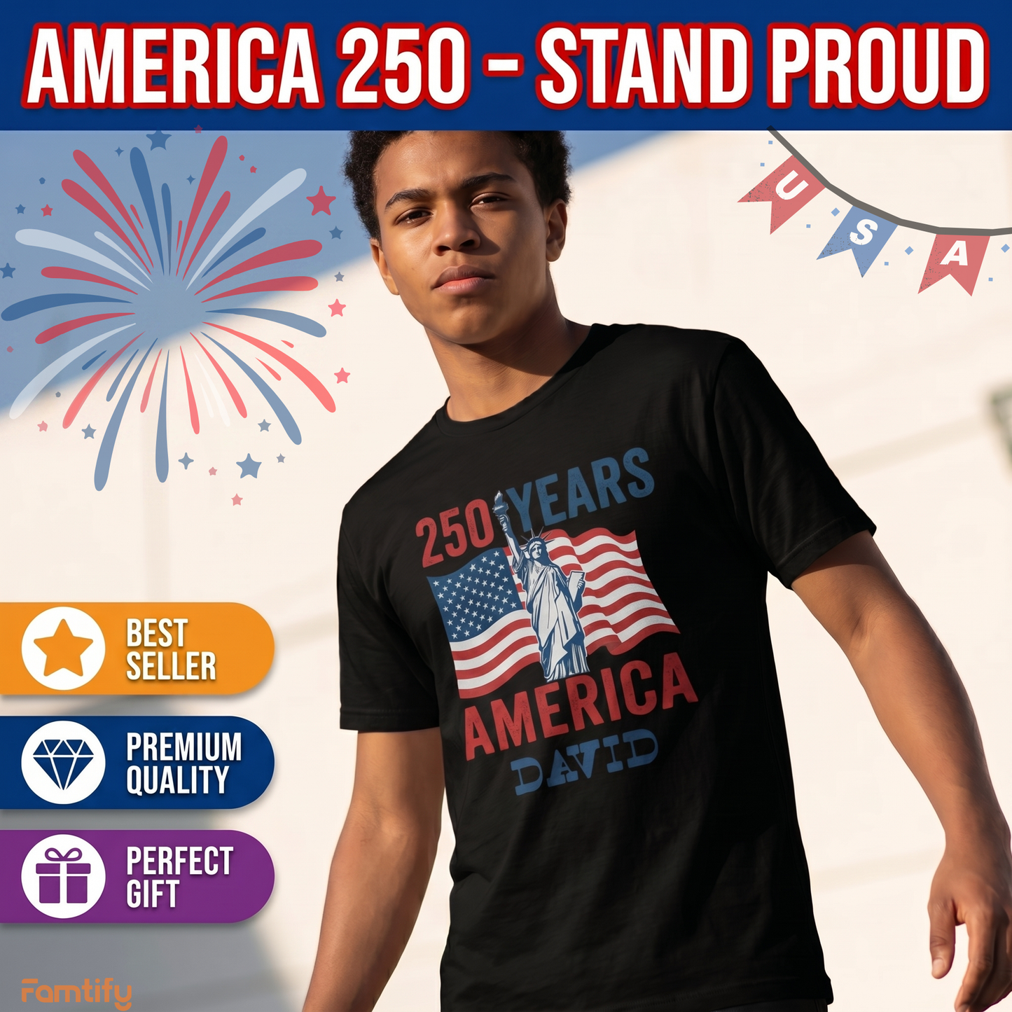 Personalized USA 250 Years America T-Shirt – 1776–2026 Patriotic Statue of Liberty Custom Name Shirt