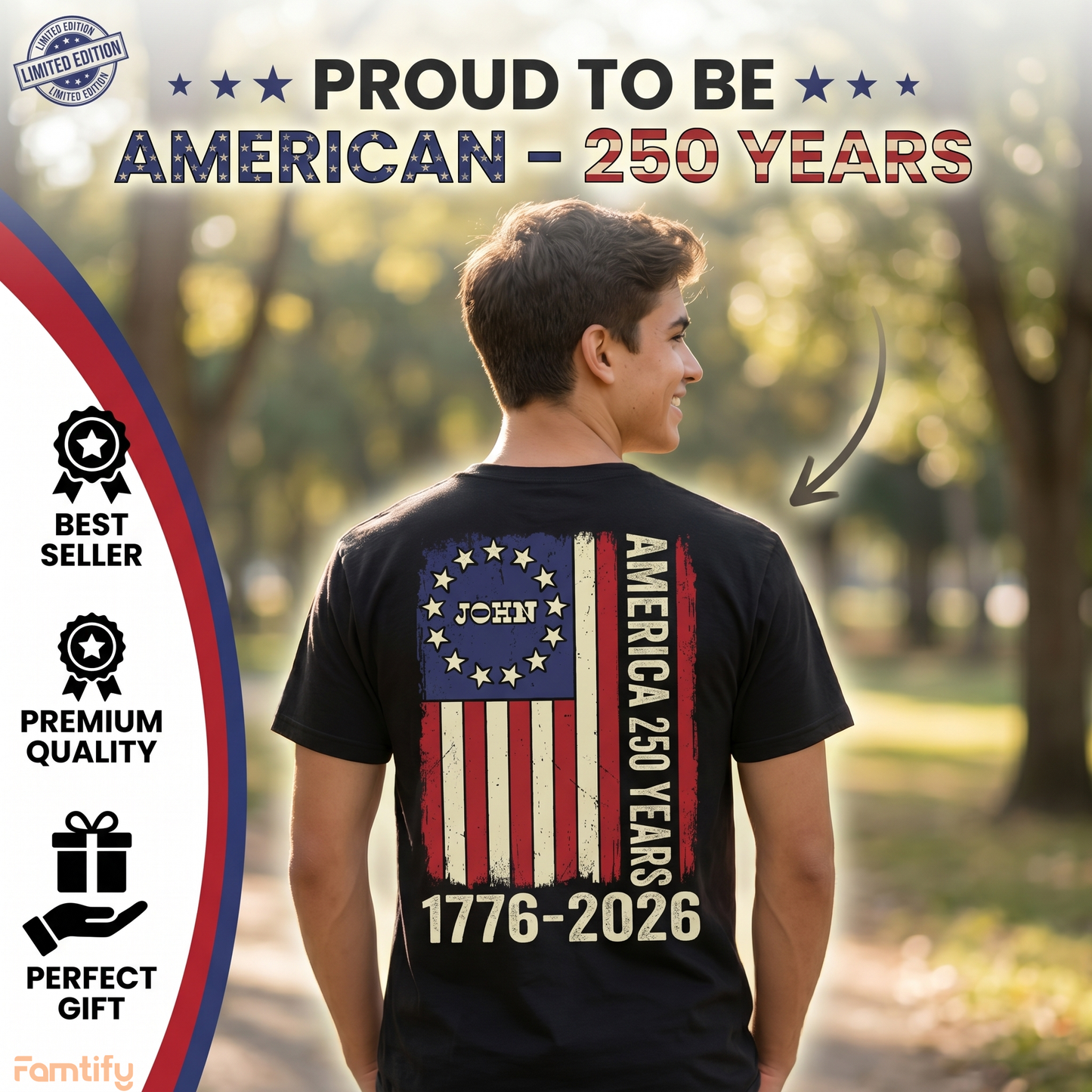 Personalized USA 250 Years America Flag T-Shirt – 1776–2026 Patriotic Vintage Custom Name Shirt