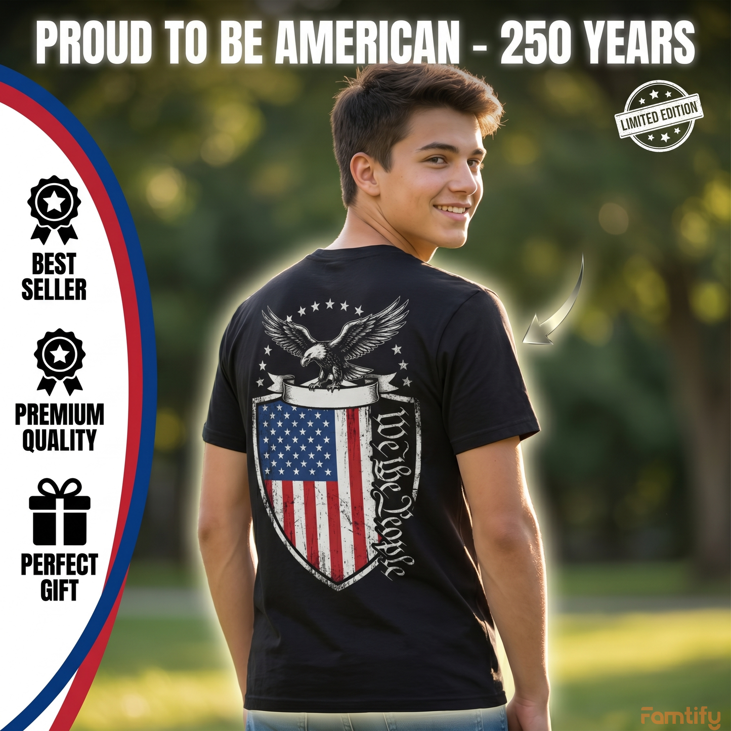 Personalized We The People USA 250 Years T-Shirt – Patriotic Eagle Shield Independence 1776–2026 Back Print Shirt