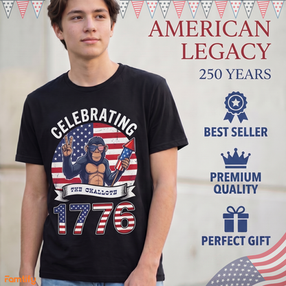 Funny USA 250th Anniversary T-Shirt – Celebrating 1776 Patriotic Monkey 4th of July Shirt 2026