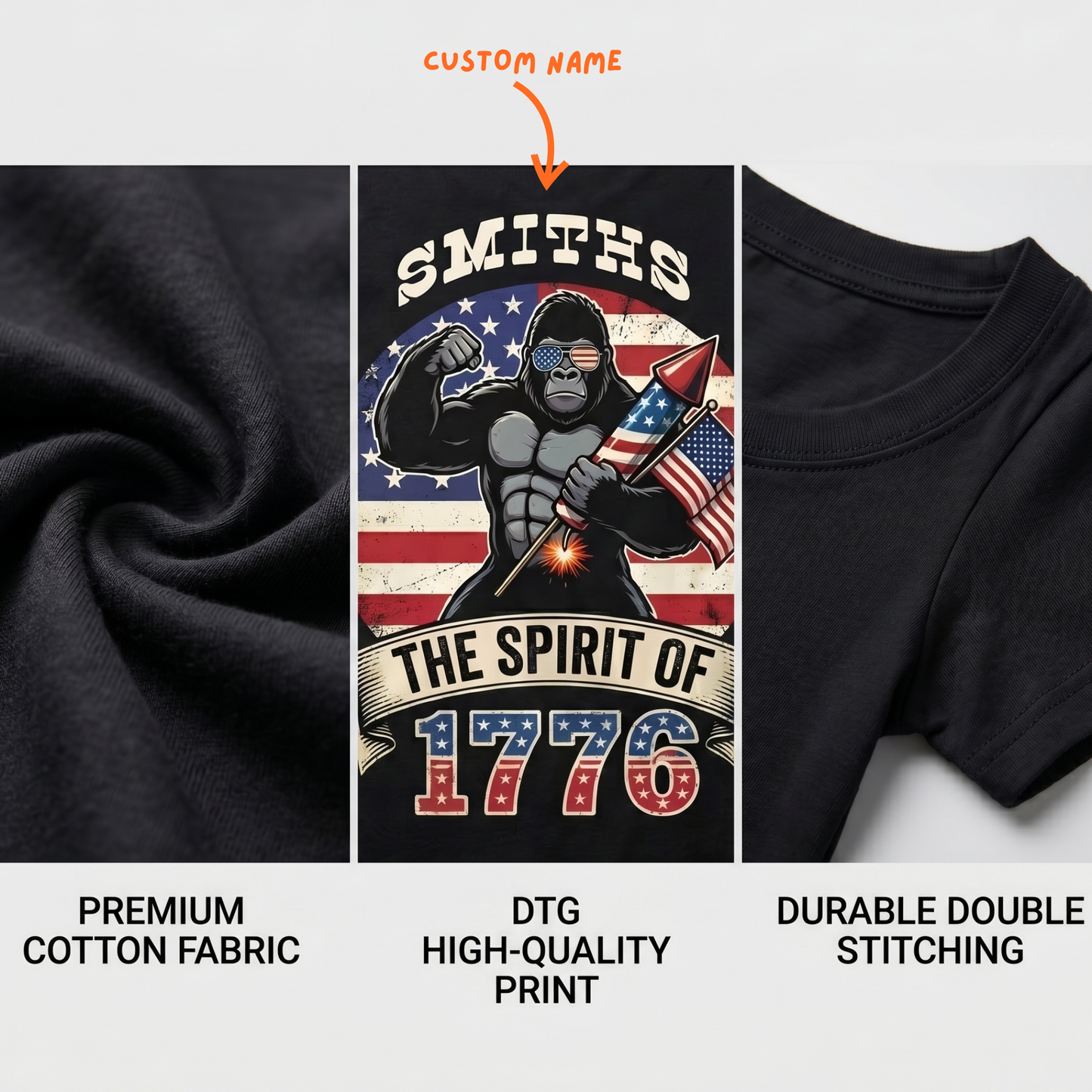 Personalized USA 250th Anniversary T-Shirt – Spirit of 1776 Patriotic Gorilla 4th of July Shirt 2026