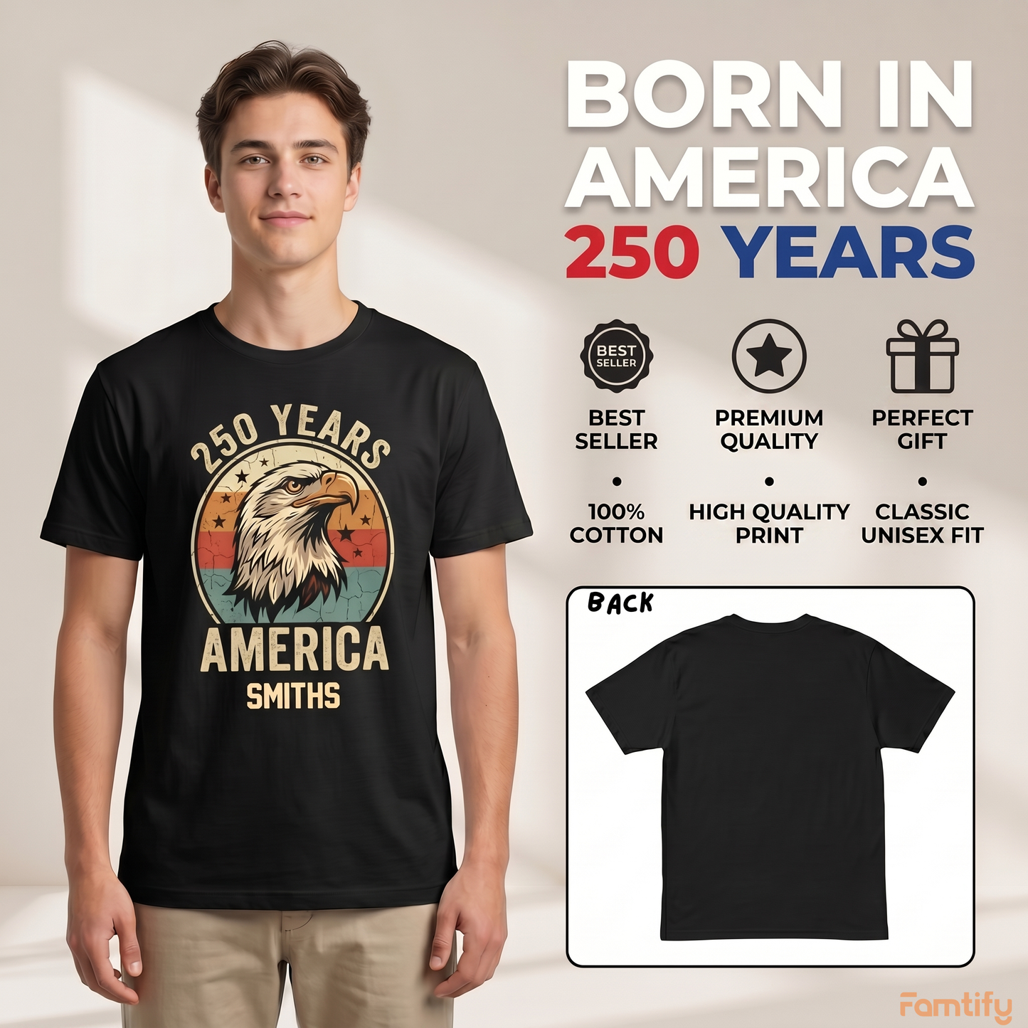 Personalized America 250 Years Vintage Eagle T-Shirt – Patriotic Retro USA 1776–2026 Anniversary Shirt