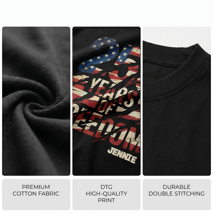 250 Years of Freedom Shirt – USA Flag Distressed Back Print 4th of July 2026 Personalized Name Tee