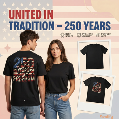250 Years of Freedom Shirt – USA Flag Distressed Back Print 4th of July 2026 Personalized Name Tee