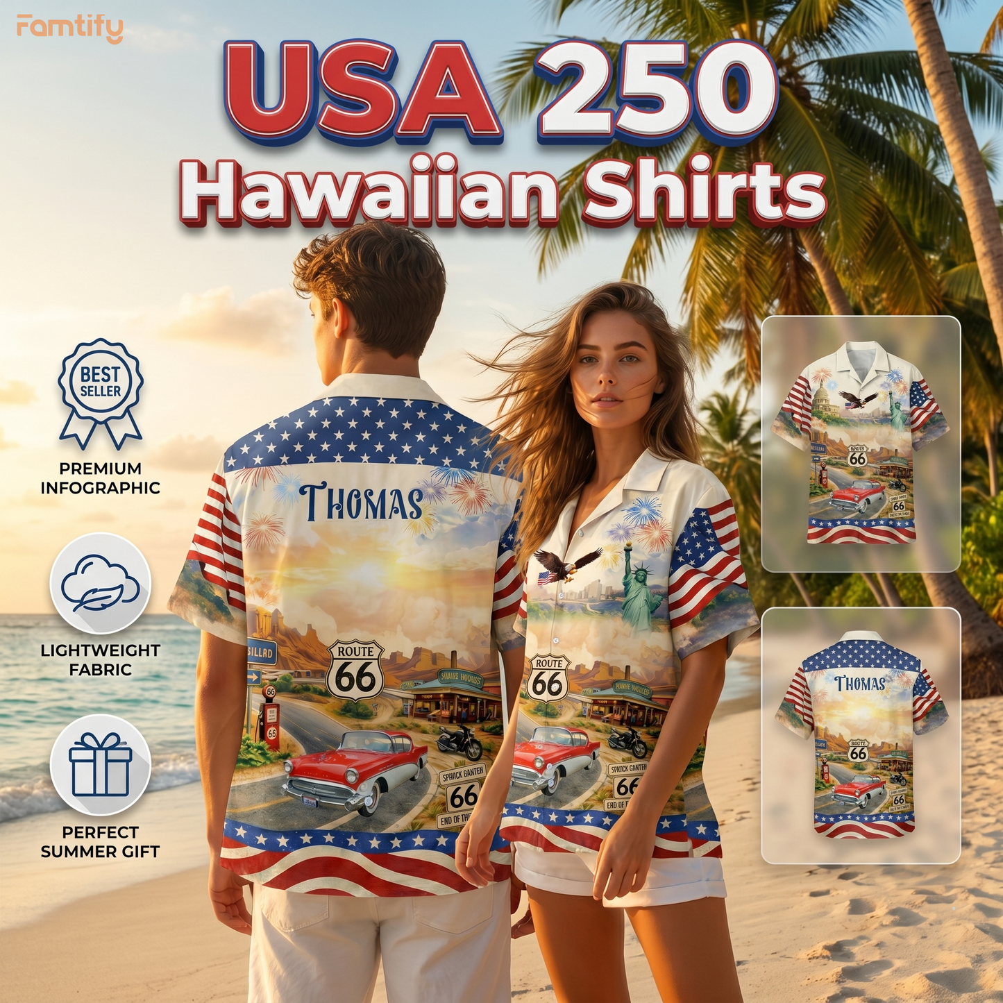 Celebrate 100 Years of Road Route 66 and America 250th Anniversary Custom Car Photo Hawaiian Shirt