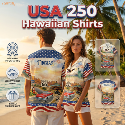 Celebrate 100 Years of Road Route 66 and America 250th Anniversary Custom Car Photo Hawaiian Shirt