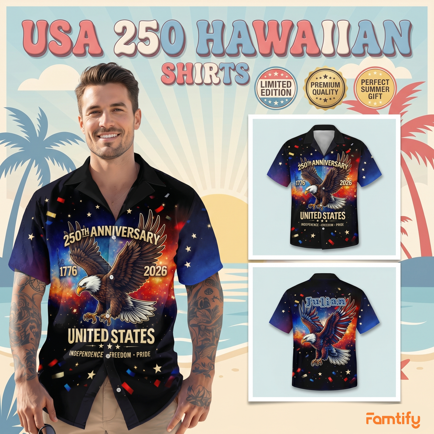 Personalized USA 250th Anniversary Hawaiian Shirt – 250 Years of Freedom Eagle Custom Name Shirt